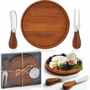Wooden Round Cheese Board Set with Knife & Fork 6” NIB